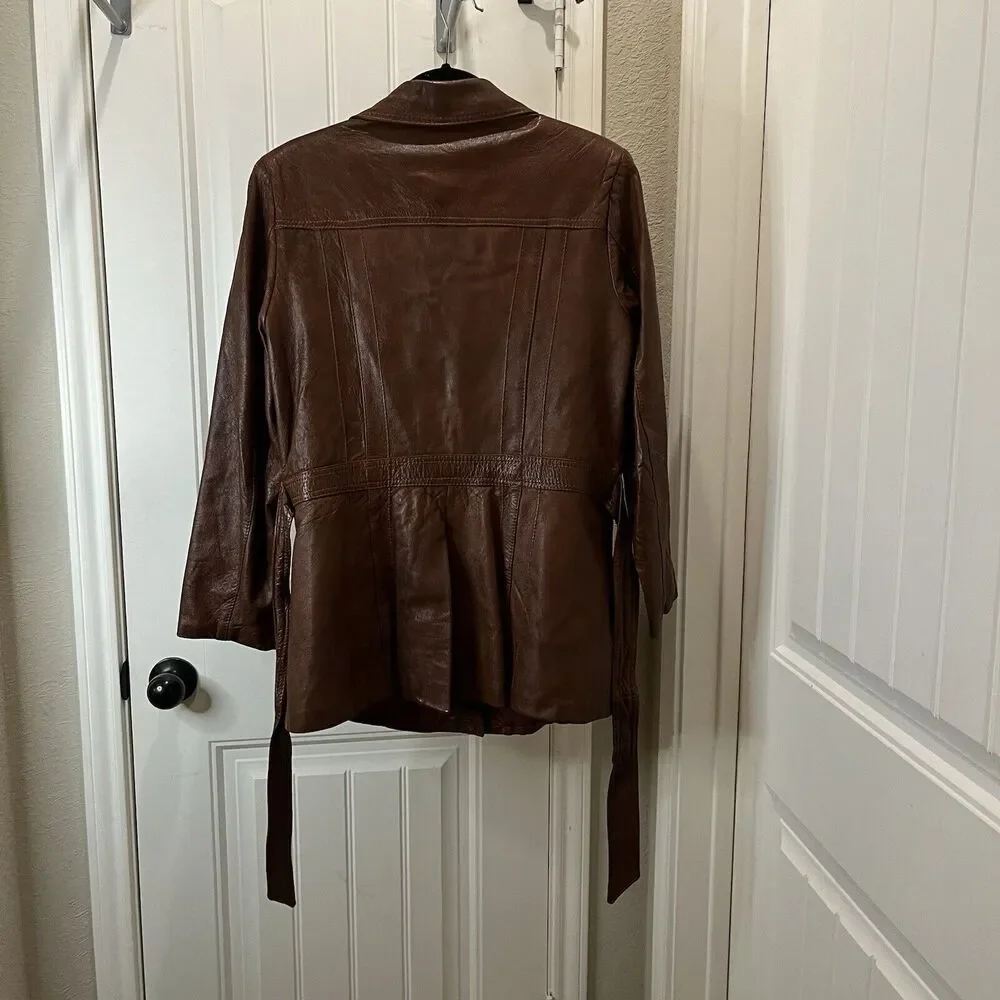 Women's Breton Brown Genuine Leather Western Button Belted Jacket Size L Boho